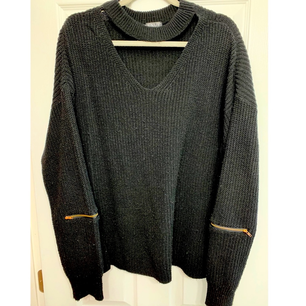 Black VENUS Sweater with Choker & Gold Zip Elbows